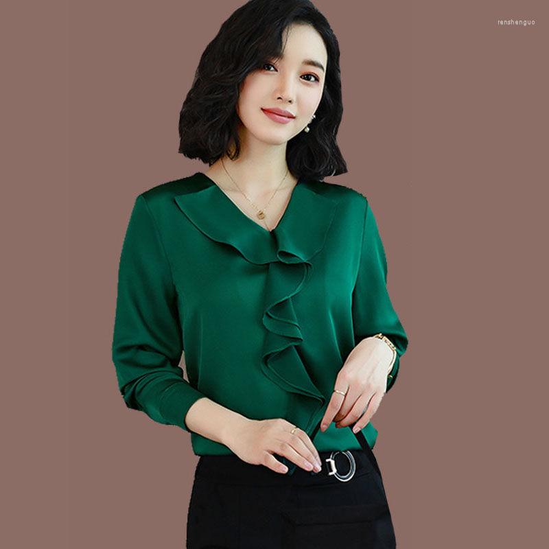 

Women' Blouses Women Blouse 2023 Autumn Artificial Silk Long-Sleeved Shirt Ruffled Collar Chiffon Women' Top Blusas Mujer De Moda, Green