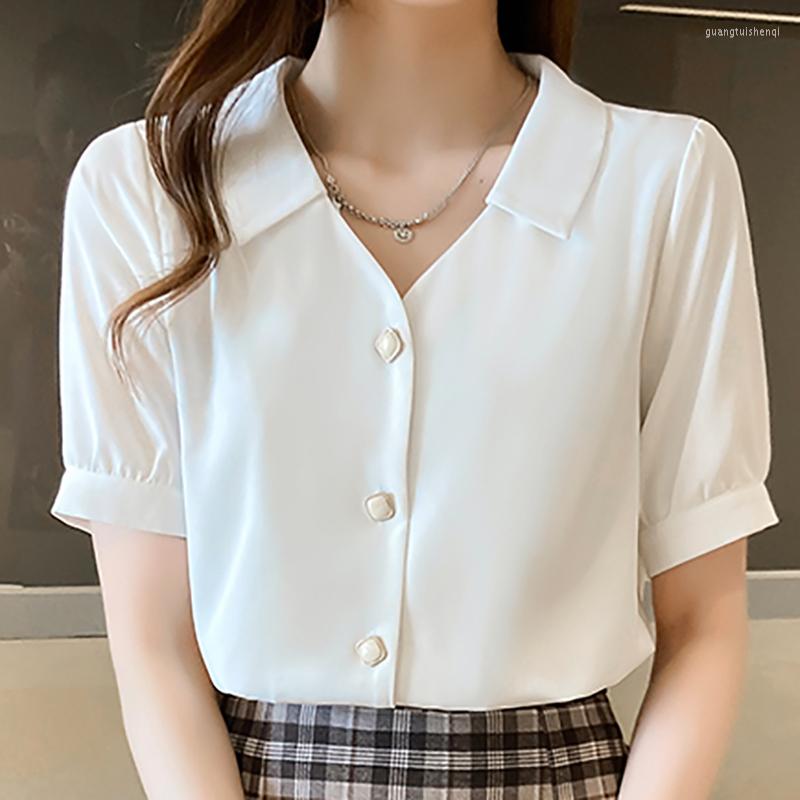 

Women' Blouses Button Shirt Women Short Sleeve Chiffon Blouse White Summer Ladies Tops Korean Fashion Womens Clothing Chemisier Femme