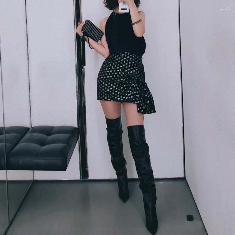 

Skirts 2023 Runawy Women Sexy Slim Elegent High Waist Gilding Dot Pleated Ribbon Black Pencil Fashion Bodycon Mini Skirt