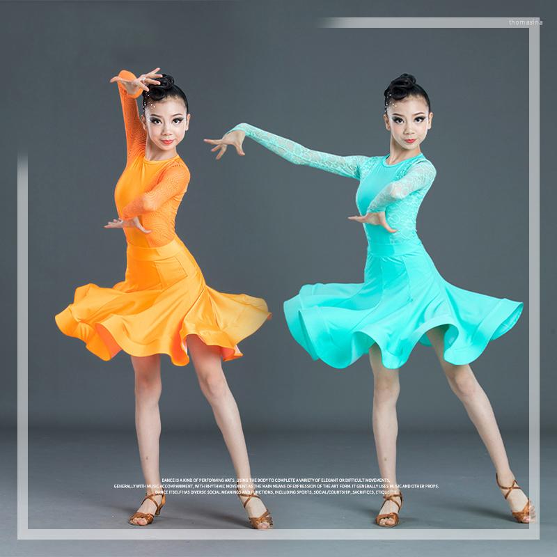 

Stage Wear Long Sleeves Top Skirts Latin Dance Dress For Girls Ballroom Competition Kids Tango Salsa Practice SL2276, Picture shown