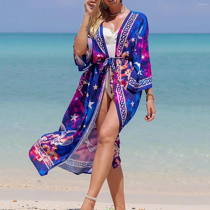 

Women's Swimwear Women's Fashion Sexy Loose Beach Print Swimsuit Cover Up Holiday Long Cardigan, Blue