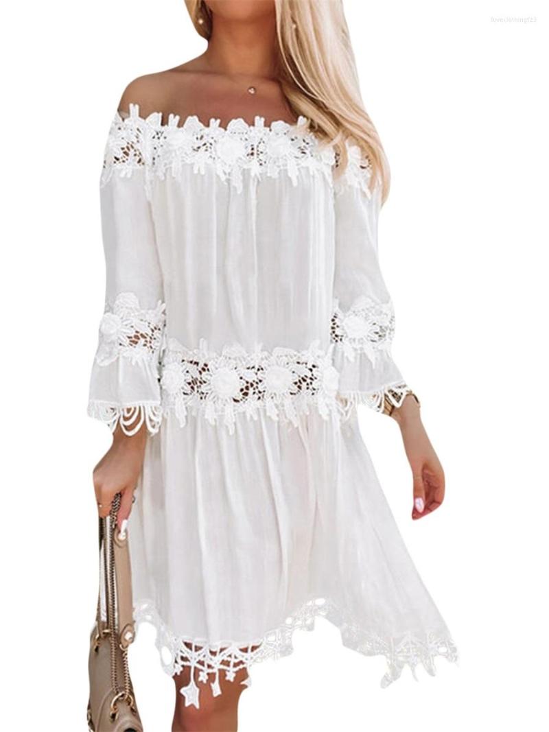 

Casual Dresses Women Crew Neck Tank Dress Loose Summer Embroidery Hollow Sleeveless Ruffle Midi Beachwear, White