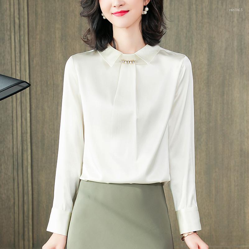 

Women's Blouses Elegant Real Silk Satin Women's Clothing Long Sleeve Woman Blouse Spring Summer Solid Shirts Fashion Office Lady Shirt, Green