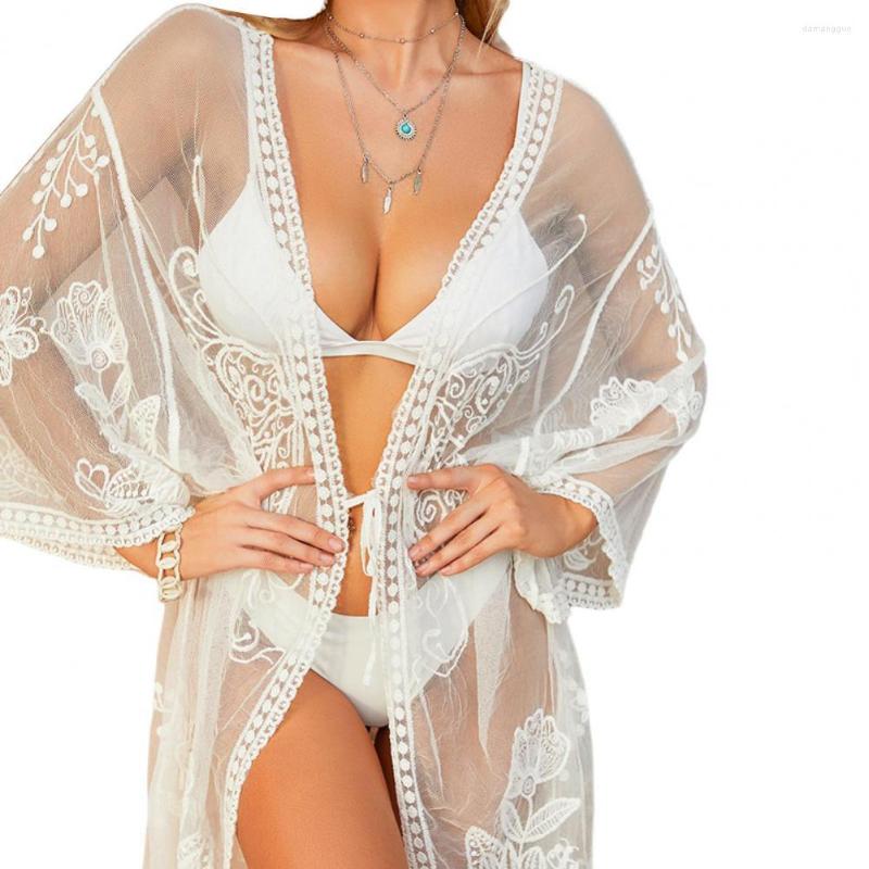 

Women's Swimwear Chic Cover Up Cardigan Breathable Coat Flared Sleeve Net Yarn See-Through Anti-UV, White