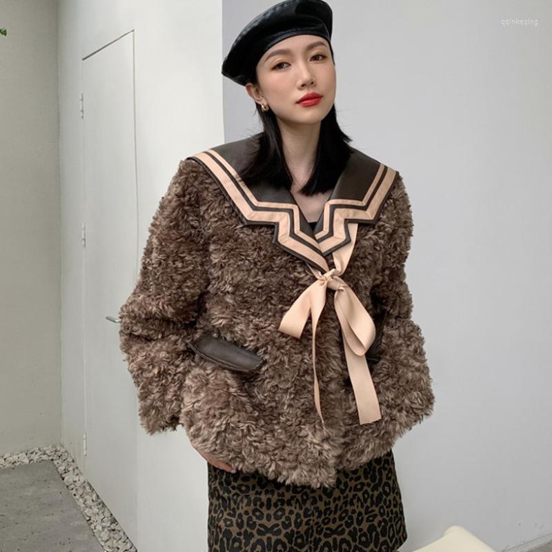 

Women' Fur Women' Coat Faux Lambswool Short Parkas Vintage Lace-Up Sailor Collar Jackets Loose Warm Female Chic Winter England Style