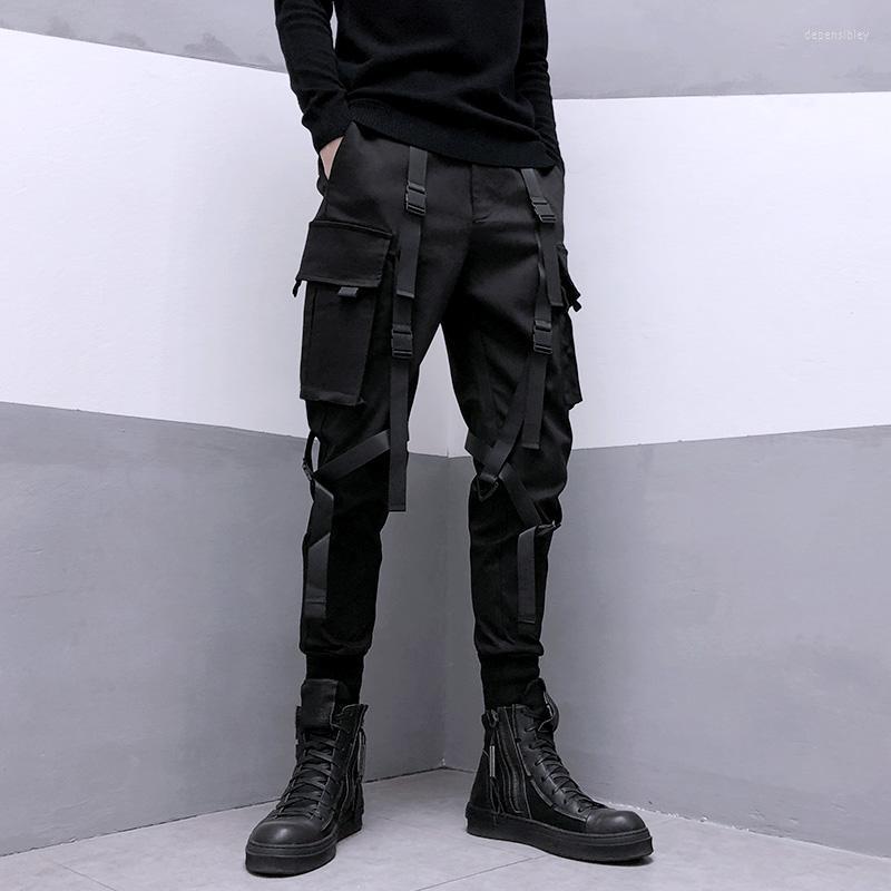 

Men's Pants Pocket Men Hop Techwear Male Harajuku Trousers Cargo Black Hip Streetwear Ribbon For Japanese Spring Fashion