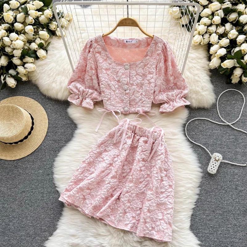 

Work Dresses Fashion Lace-up Hook Flower Suit Women's Summer Short-sleeved Short Single-breasted Top High-waisted Skirt Two-piece Trendy, Picture color