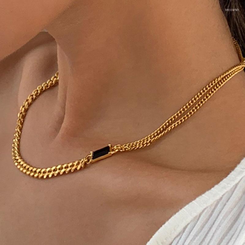 

Choker Ins -selling Chic Style Emerald Color Gemstone Cuban Chain Necklace Fashion Modern Black Zircon Stone Short