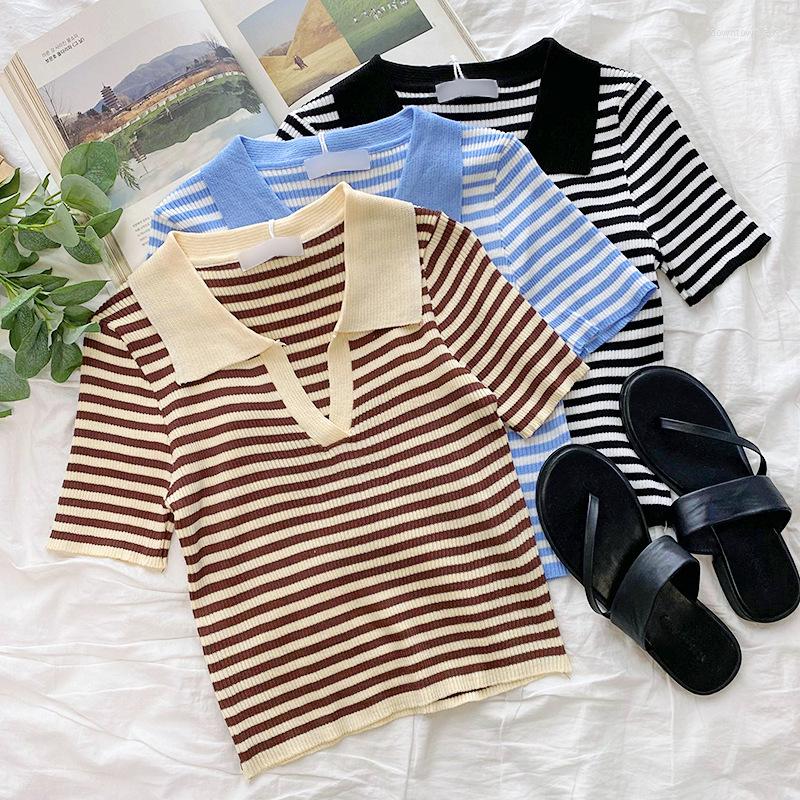 

Women's T Shirts Women's Blue Striped Tee Shirt Femme Tops Summer V Neck Women Knitted T-Shirts Short Sleeve Clothing Camisetas Mujer, Beige