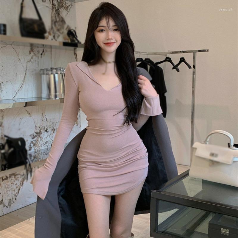 

Casual Dresses Spring Autumn V-neck Korean Dress Woman's Solid Color Long Sleeves Sexy Party Short Waist Wrap Hip Skirt Slim Fit Fashion, Black