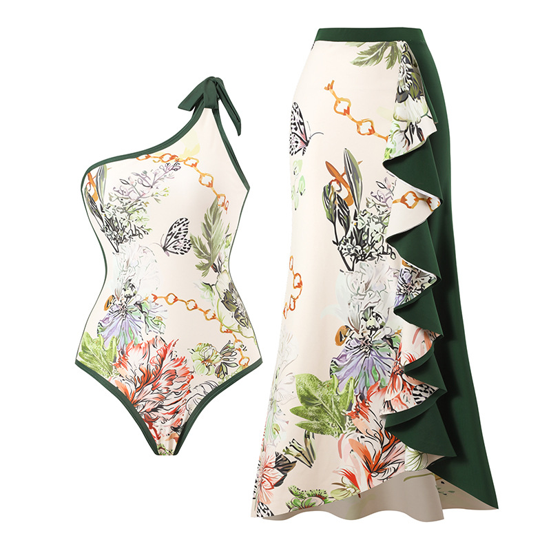 Women Fashion Swimsuit Size S-XL Bikini Swimwear One Shoulder Printed Panel Elegant Contrast Style With Dust Opp Bag-image-417384989
