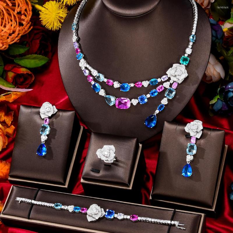 

Necklace Earrings Set GODKI Super Luxury 4PCS Big Flowers Africa Cubic Zirconia For Women Wedding Dubai Bridal, Picture shown