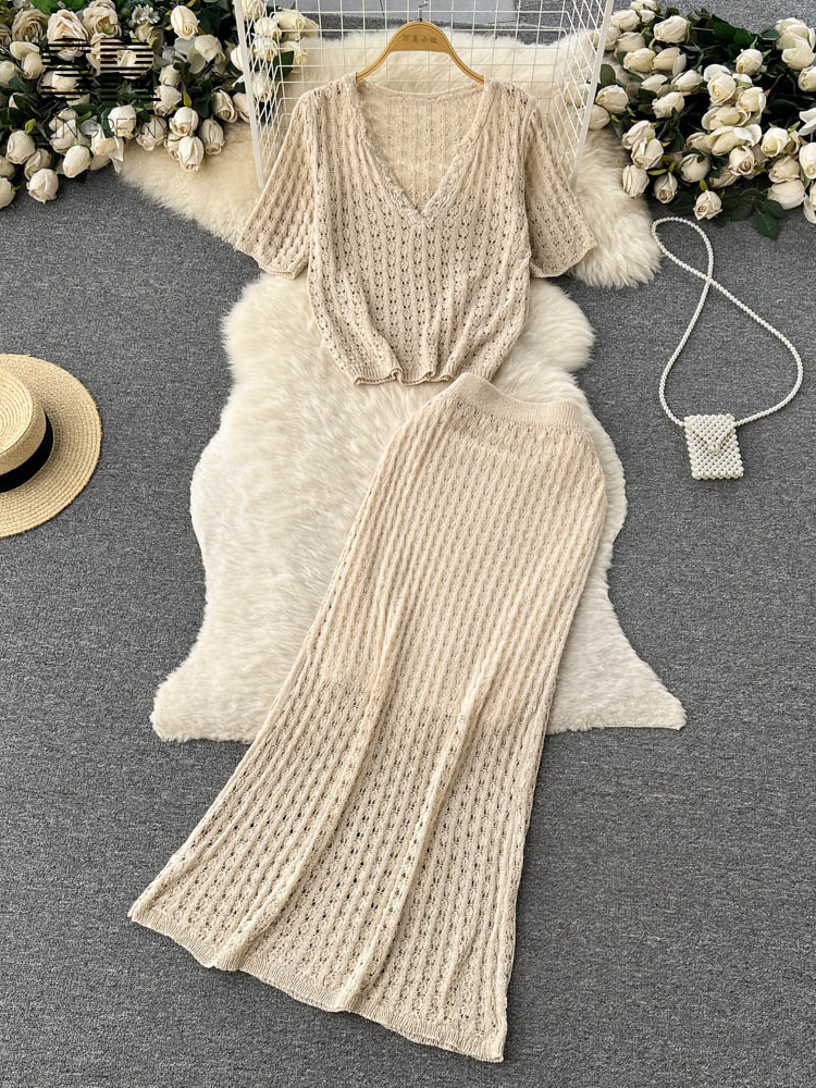 

Two Piece Dress SINGREINY Knit Sets Solid Causal V Neck Tops Elastic Waist Long Skirt Y2K Vacation Casual Beach Style Summer Suits 230509, White