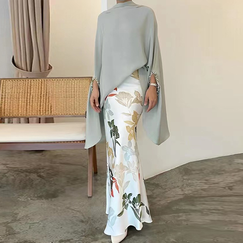 

Two Piece Dress Fashion Fishtail Skirt Outfit Casual Batwing Sleeve Slim 2Pc Sets Elegant Print Half Turtleneck Top and Long Suits 230508, Print8