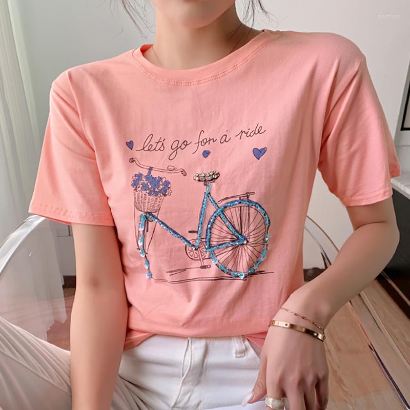 

Women' T Shirts Korean Fashion Beading Cotton Shirt Women Tops Letter Print Woman Tee 2023 Summer Clothes T-Shirts Camisetas De Mujer, Pink