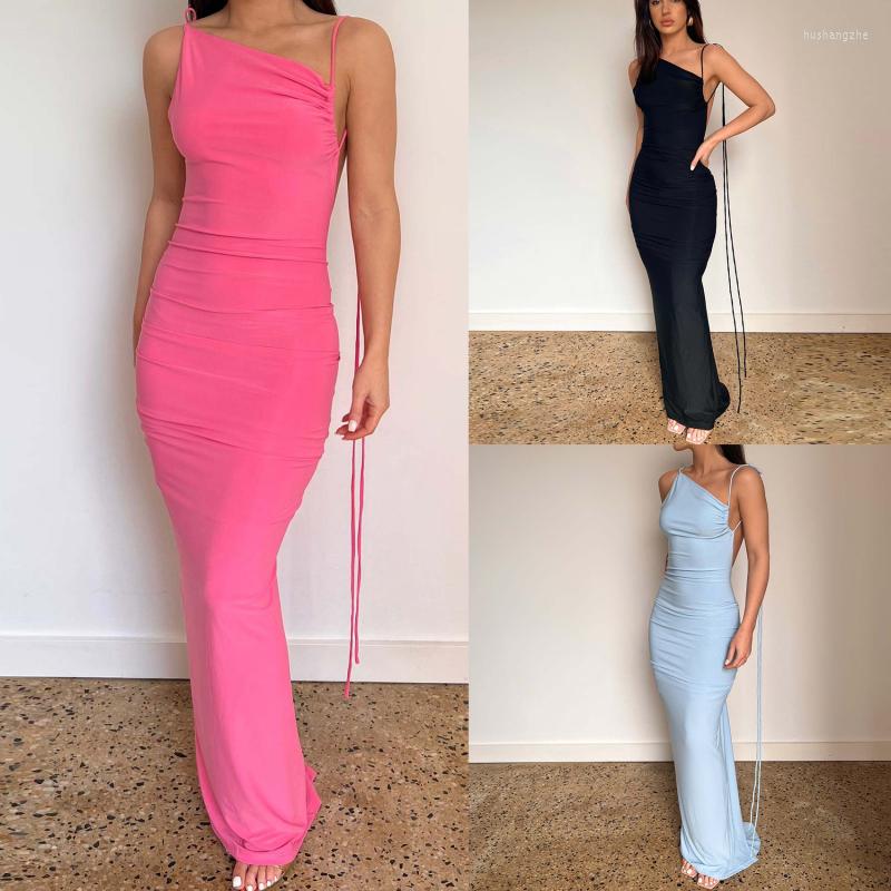 

Casual Dresses Women' Diagonal Hanging Neck Dress Fashion Sexy Open Back Lace Up Temperament Long European Style Summer For Ladies, Rose color