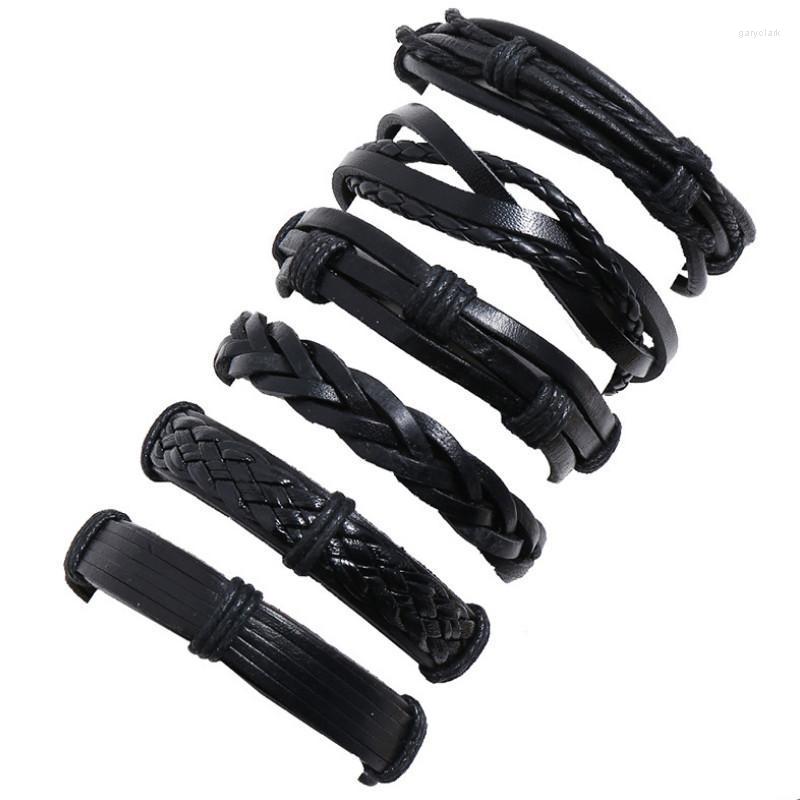 

Link Bracelets Fashion Casual Black Men Wristband Wide Weave Rope Leather 6pc Set Handmade Charm Bangle Wrap Retro Women Jewelry Gift Chain