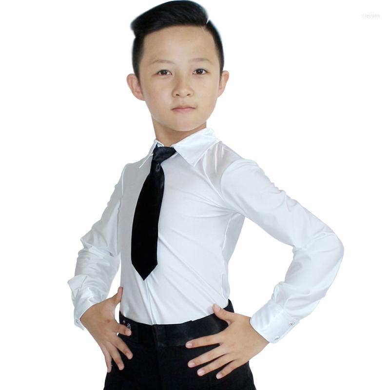 

Stage Wear Children Boys Ballroom Latin Dance Tops Professional Long Sleeves Diamond Practice Clothes Kids Cha Dancing DL4046, Red tie