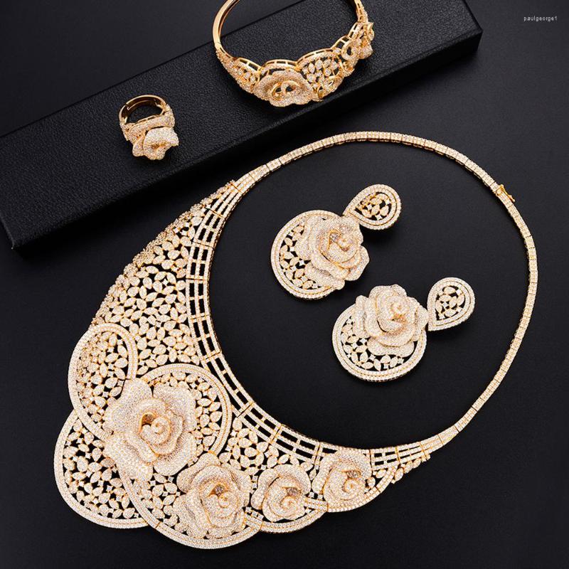 

Necklace Earrings Set GODKI Super Luxury Rose Flower Blossom Full Micro Cubic Zirconia Women Wedding Dress Ring Bangle Earring Jewelry, Picture shown
