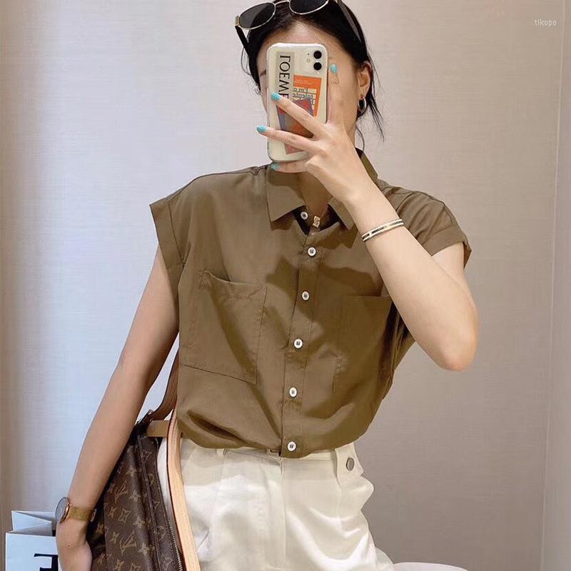 

Women' Blouses Khaki Elegant Short Sleeve T-Shirt Chic Loose Urbane Casual Design Aesthetic Beautiful Woman Blouse Summer Clothing 2023