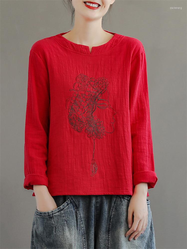 

Women's T Shirts Women's Chinese Style Pleated Embroidery Fashion Cotton Linen T-shirt Long Sleeve O-neck Vintage Pullover Tees Loose, 6069 apricot