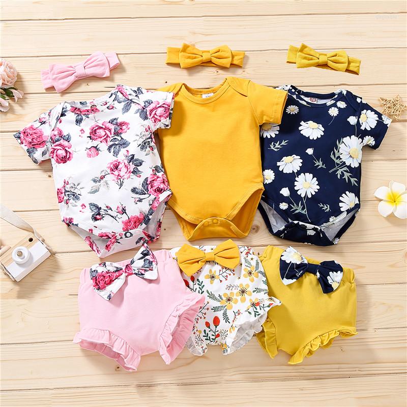 

Clothing Sets 0-18M Baby Girl 3pcs Clothes Set Fresh Flower Short Sleeve Romper Solid Color Pants With Headband Girls Summer Outfits, Blue