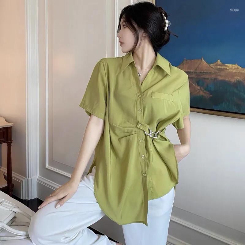 

Women's Blouses Asymmetrical Design Aesthetic Green Women's Summer Tee Shirt Short Sleeve Loose Casual 2023 Chic Blouse Korean