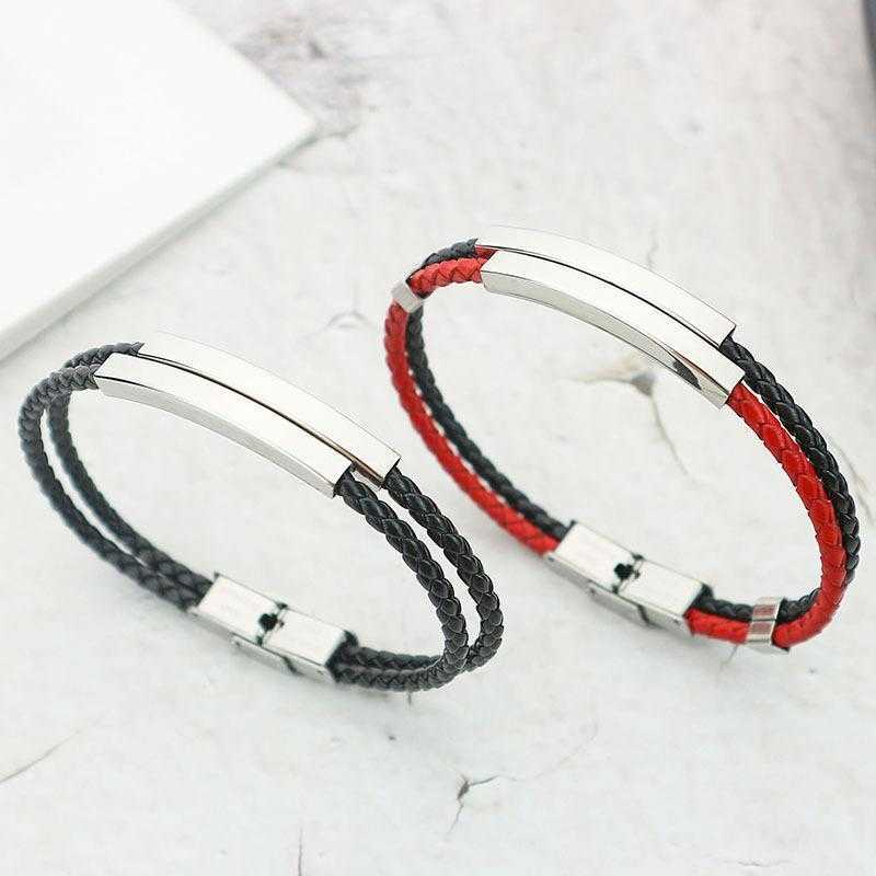 

Jewelry Woven Leather String Stainless Steel Couple Bracelet Glossy Lettering Diy Titanium