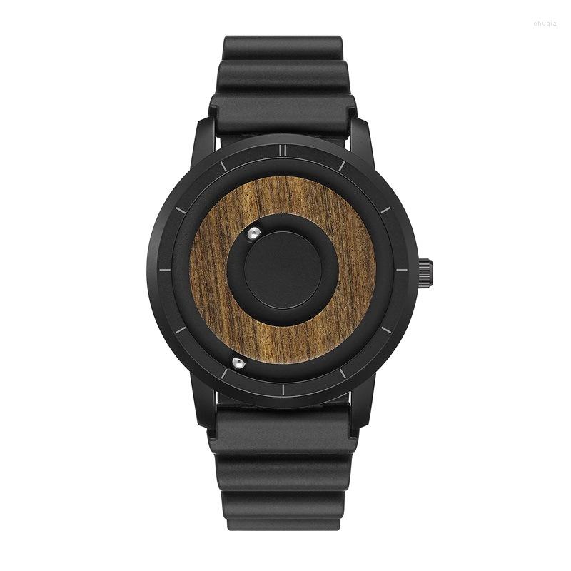 

Wristwatches Eutour Wooden Tray Magnetic Double Steel Ball Personality Creative No Pointer Concept Internet Celebrity Trend Quartz Watch, Black