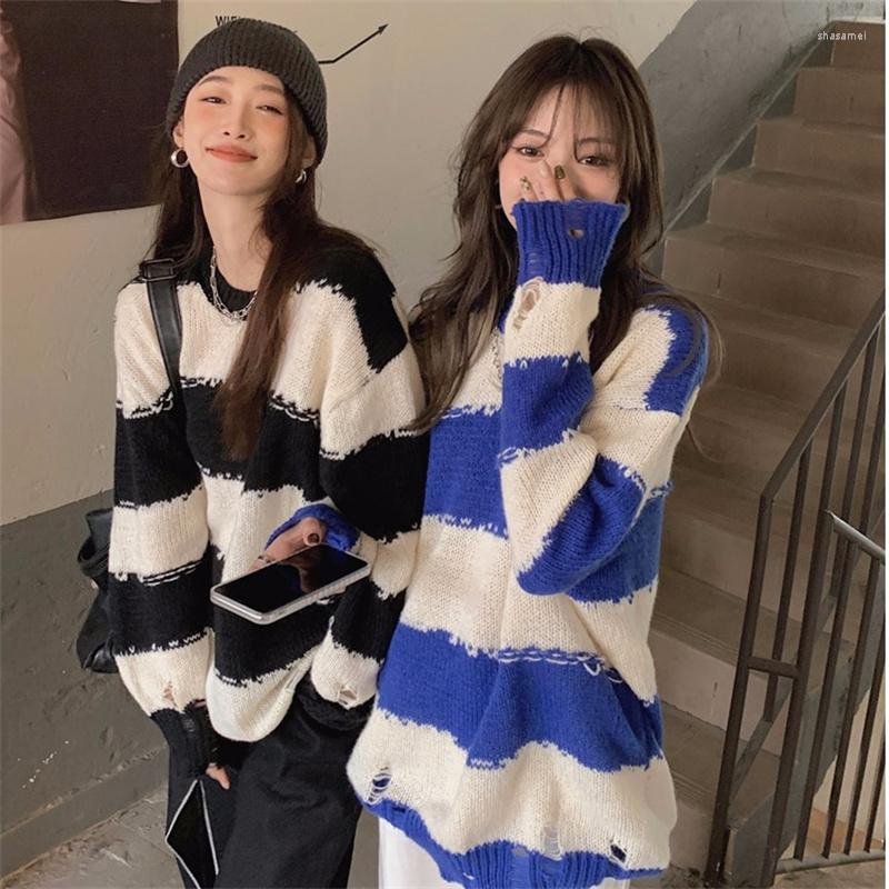 

Women's Sweaters Women Knitted Sweater Spring Retro Striped Streetwear Korean O Neck Loose Casual Chic Blouse Female Tops 2023 Sueters Mujer, Black
