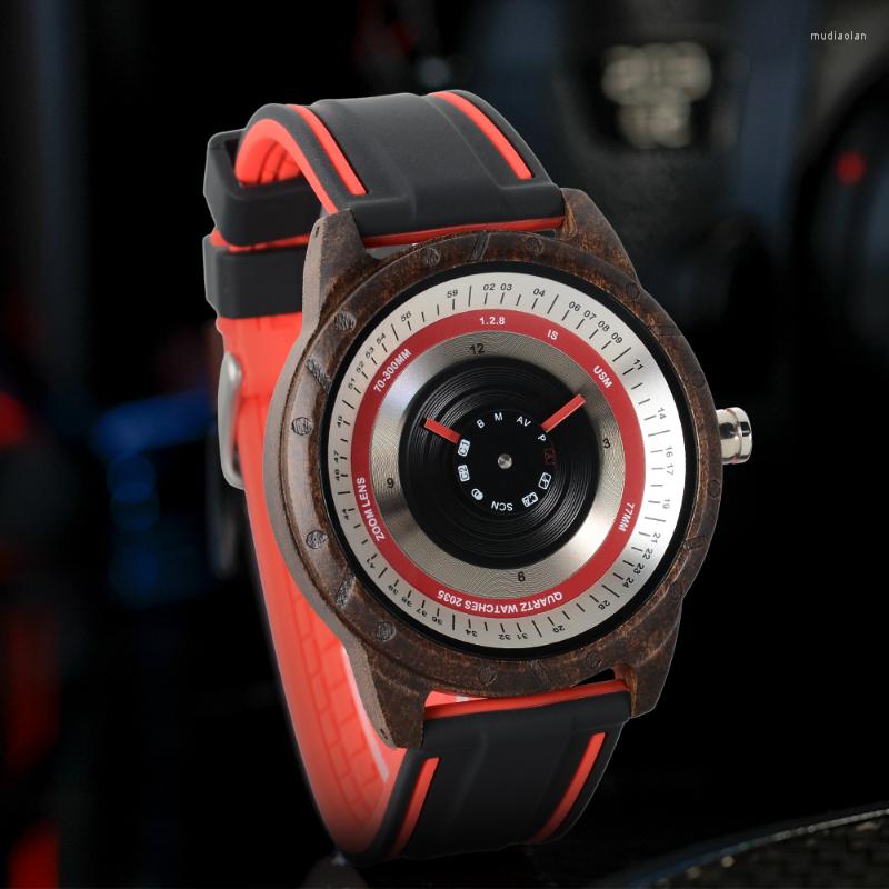 

Wristwatches Luxury Wooden Watches For Mens Vintage Quartz Casual Fashion Wristwatch Silicone Strap Ebony Wood Case Watch, Red