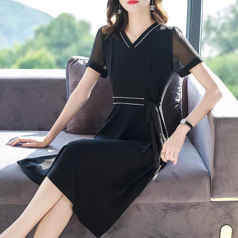 

Party Dresses 2023 Fashion Elegant Women's Chiffon Dress Female Casual Style Summer V-Neck Solid Color, Black