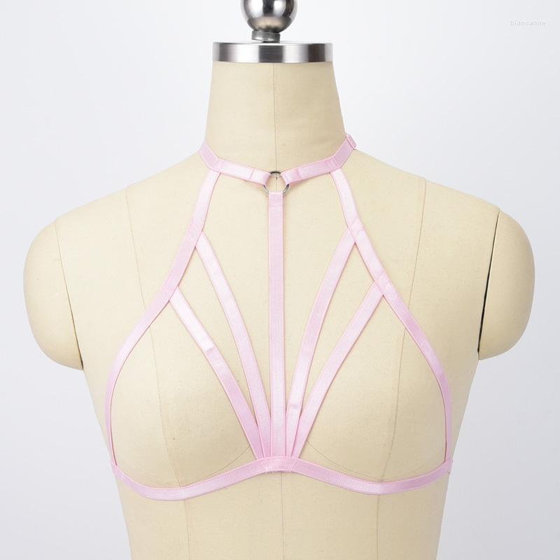

Garters Halloween Women Pink Body Cage Sexy Harness Hollow Out Elastic Goth Bra Bandage Gothic Crop Top, L0024