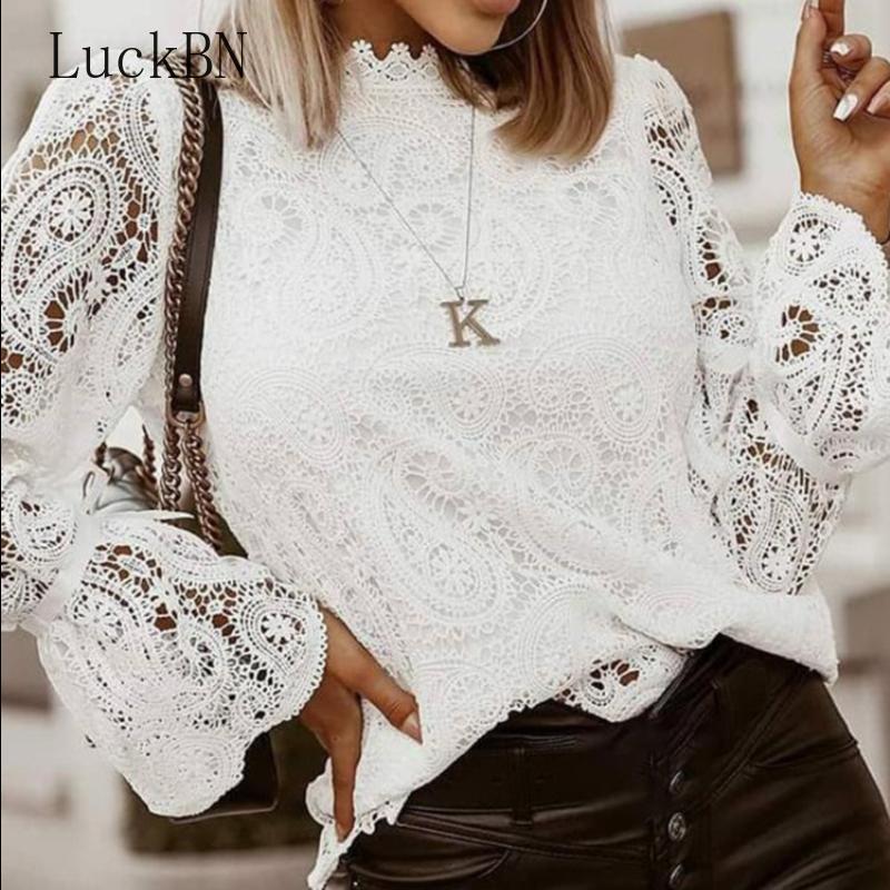 

Women's Blouses & Shirts Crochet Embroidery Lace Women Clothing Autumn Sexy Stitching White Vintage Lady Tops Blusas Para Mujer, Black