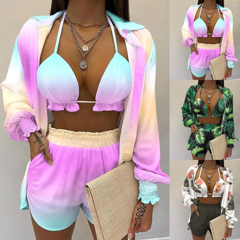 

Women' Tracksuits Women' Sexy Crop Three Piece Tropical Print Balloon Sleeve Shirt And Shorts Summer Cover Up Swimsuits With Youth, Beige