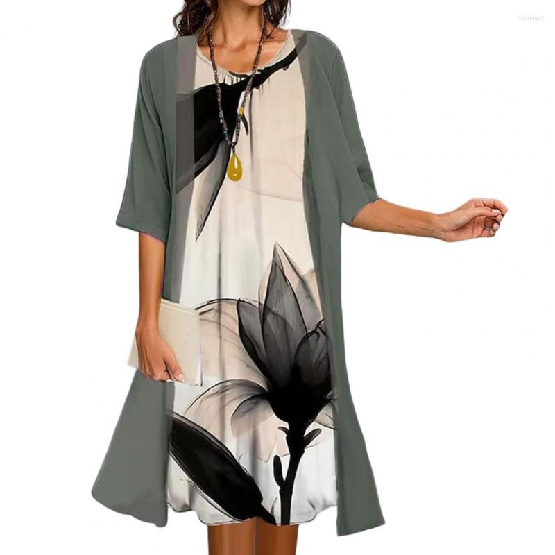 

Work Dresses 1 Set Two Piece Suit Elegant Mid Length Printing Round Neck Loose Fit Dress Up Polyester Flower Print Shawl Streetwear, Black