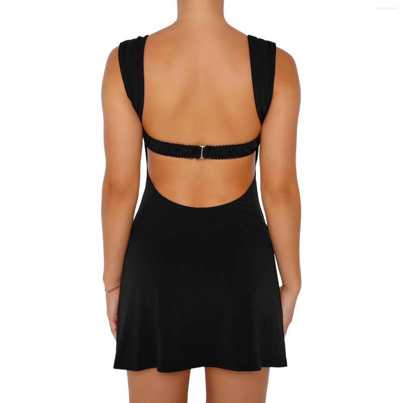 

Casual Dresses Women' Sexy Low Cut Neck Sleeveless Dress Fashion Ladies Solid Color Backless Slim Sundress, Black