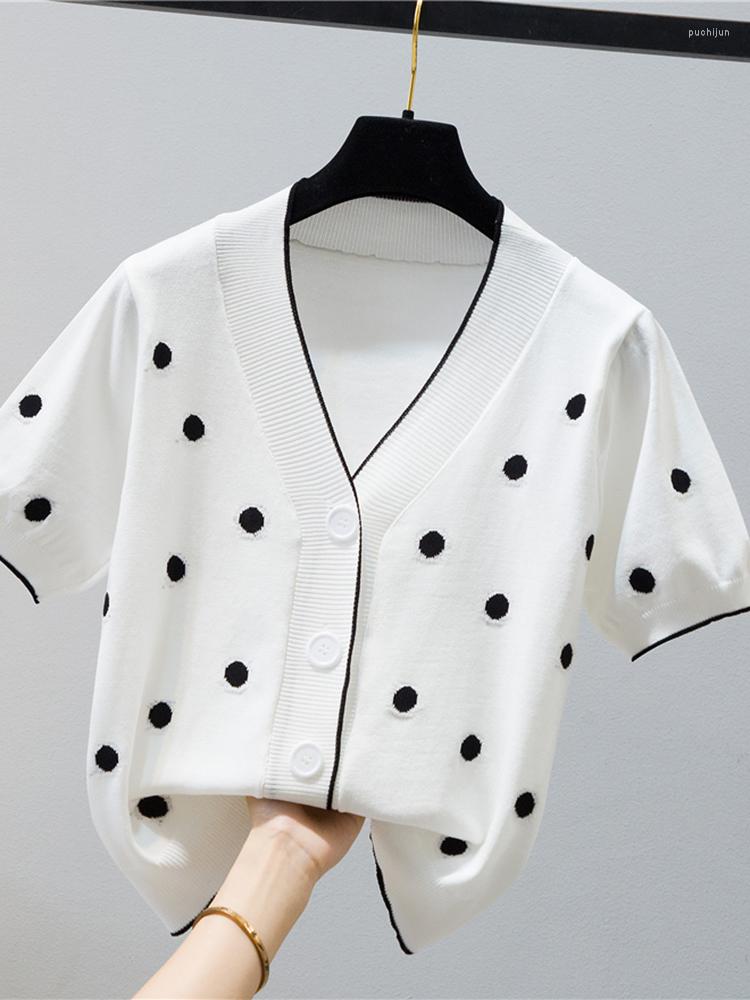 

Women's T Shirts Thin Knitted Button Cardigan Women Shirt Short Sleeve Polka Dot T-Shirts Korean Style Clothes Woman Summer Top Tee Femme, Black