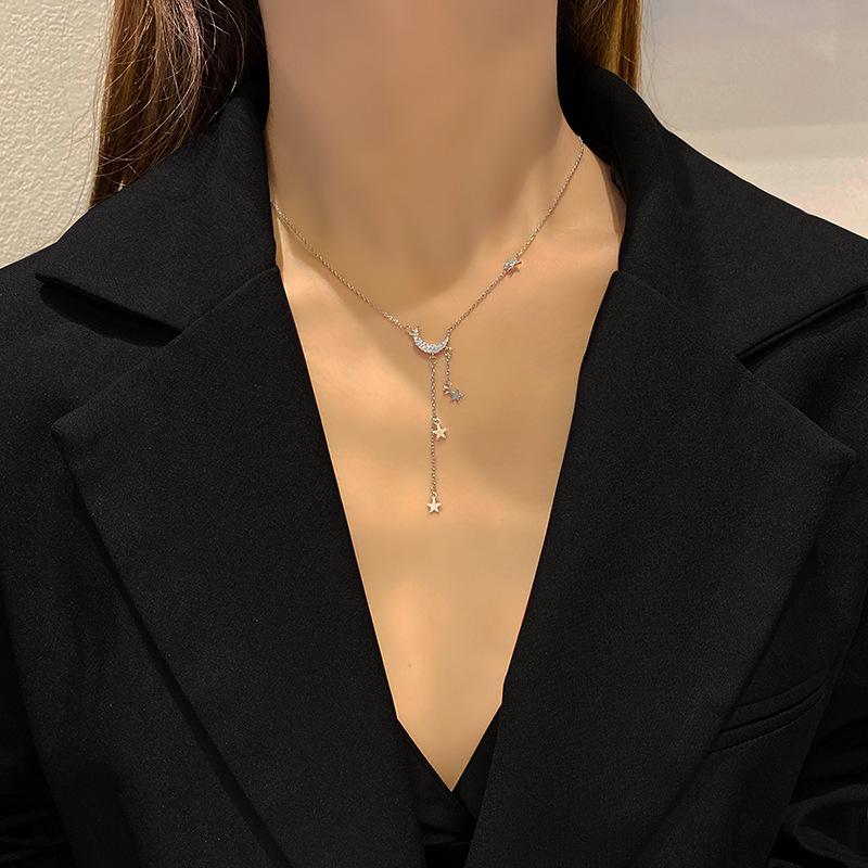 

Pendant Necklaces Fashion Moon Star Necklace For Women Silver Color Stainless Steel Zircon Choker Neck Chain Jewelry Gift