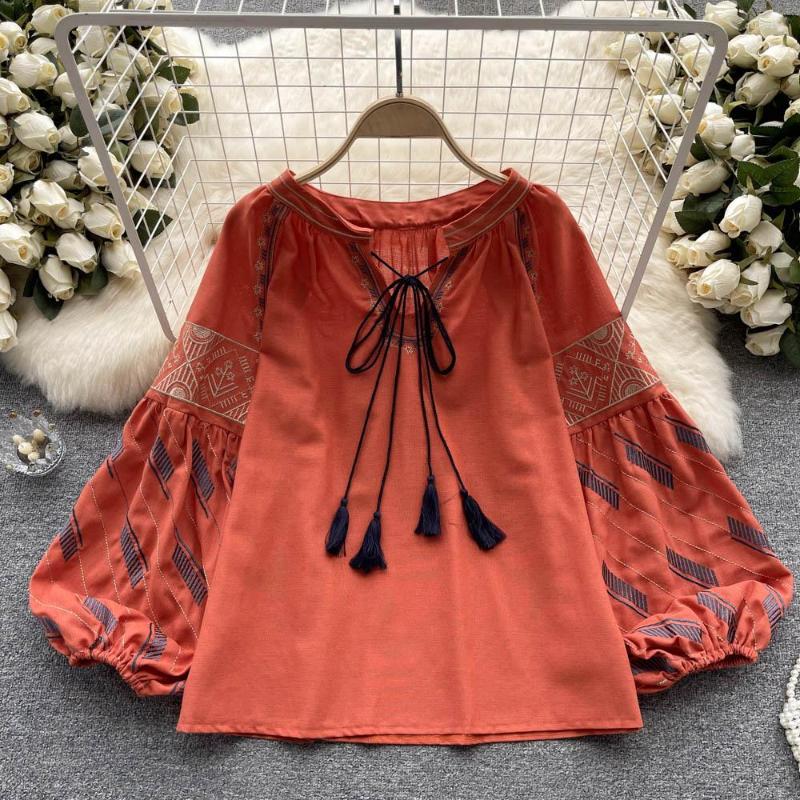 

Women's T Shirts Summer Chinese Style Retro Loose Embroidered Lantern Sleeves Versatile Long Sleeve Shirt Top, Black