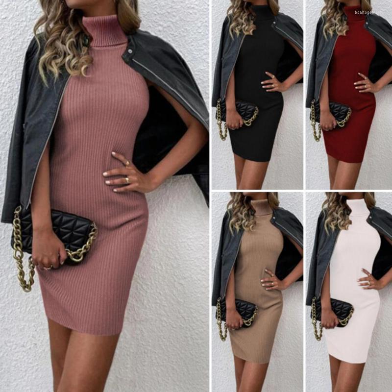 

Casual Dresses Turtleneck Sleeveless Knitted Dress Ribbed Solid Color Waist Tight Hip Wrap Autumn Winter Bottoming Sweater Female Clothin, Black