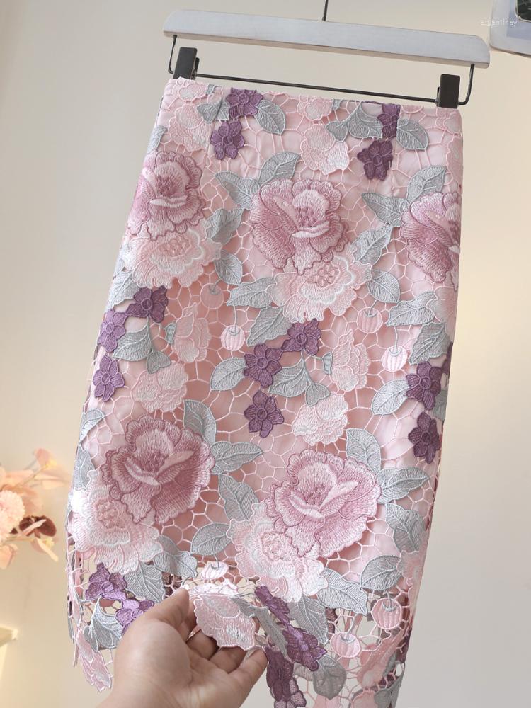 

Skirts 2023 Summer Japanese Style Woman Peony Lace Sheath Midi Elegant High Waisted Hollow Crocheted Skirt For Women, Peony pink