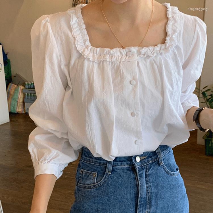 

Women' T Shirts 2023 Spring Summer Women' Blouses Fashionable Single Breasted Square Collar Puff Sleeve Vintage Solid Tops BL3317, White