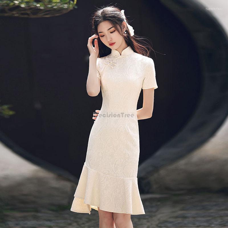 

Ethnic Clothing 2023 Fashion Qipao Dress Chinese Style Retro Cheongsam Women Fishtail Skirt Design Elegant Stand Collar Short Sleeve G529