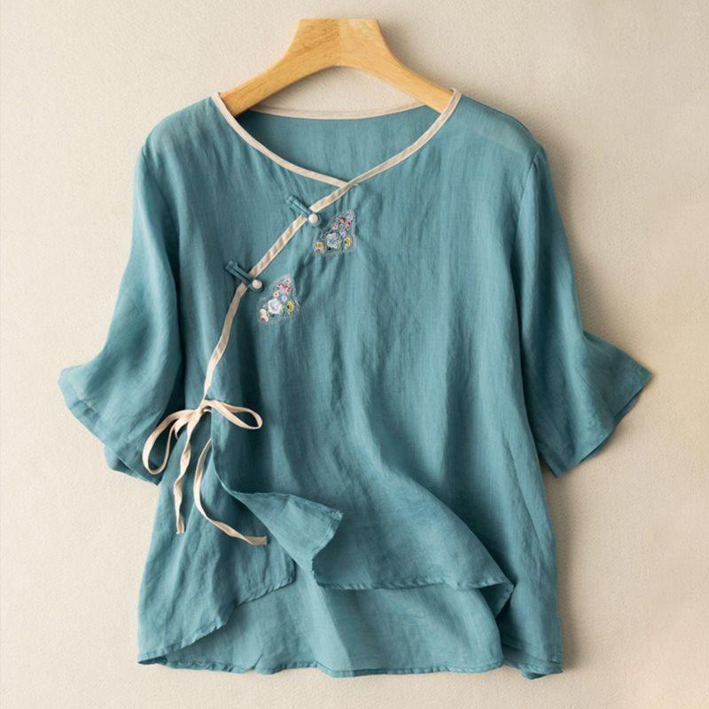

Women's Blouses Women's Retro Blouse National Style Embroidered Lace-Up V-Neck Half Sleeve Tops Loose All-Match Female Blusa Cotton, Blue