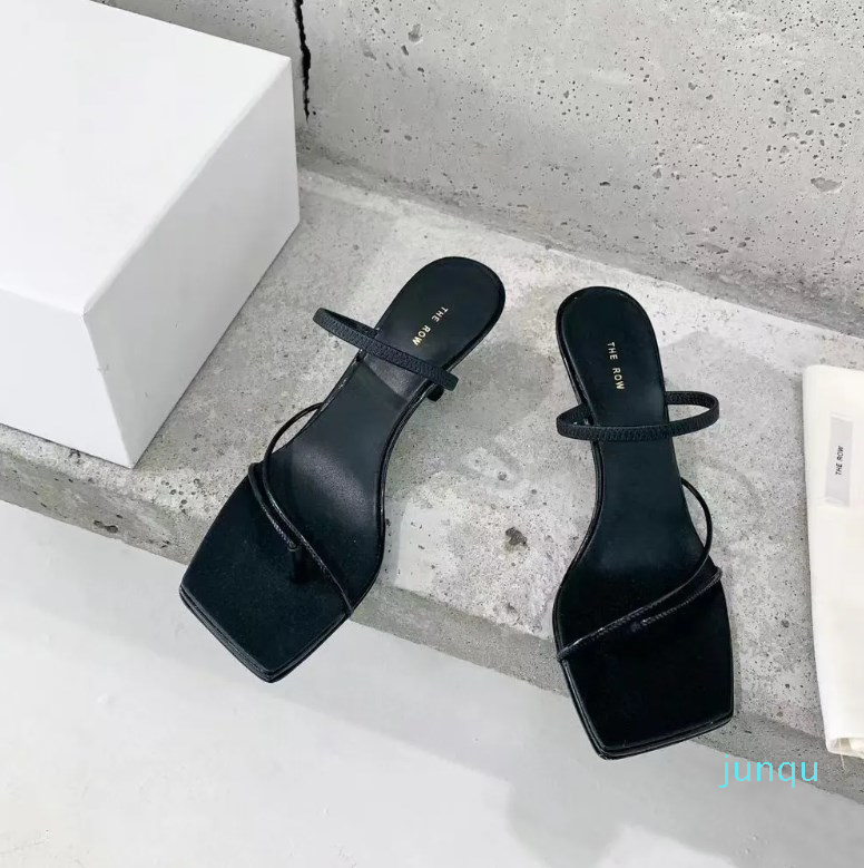 

Designer Leather Sandals The Row Sandal Shoes High Heel Elegant Straps Kitten Heels Slippers Slides Square Toe Fashion Party Wedding, Color 1