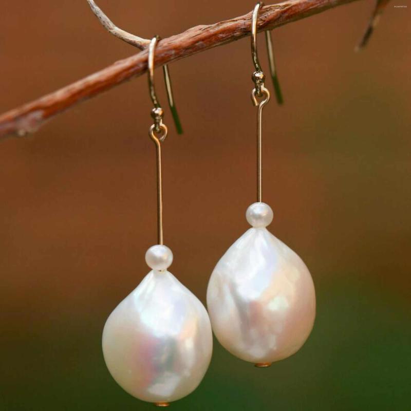 

Dangle Earrings 16.5mm Natural White Freshwater Baroque Pearl 14k Gold Beautiful FOOL'S DAY Wedding Mother's Lucky Christmas
