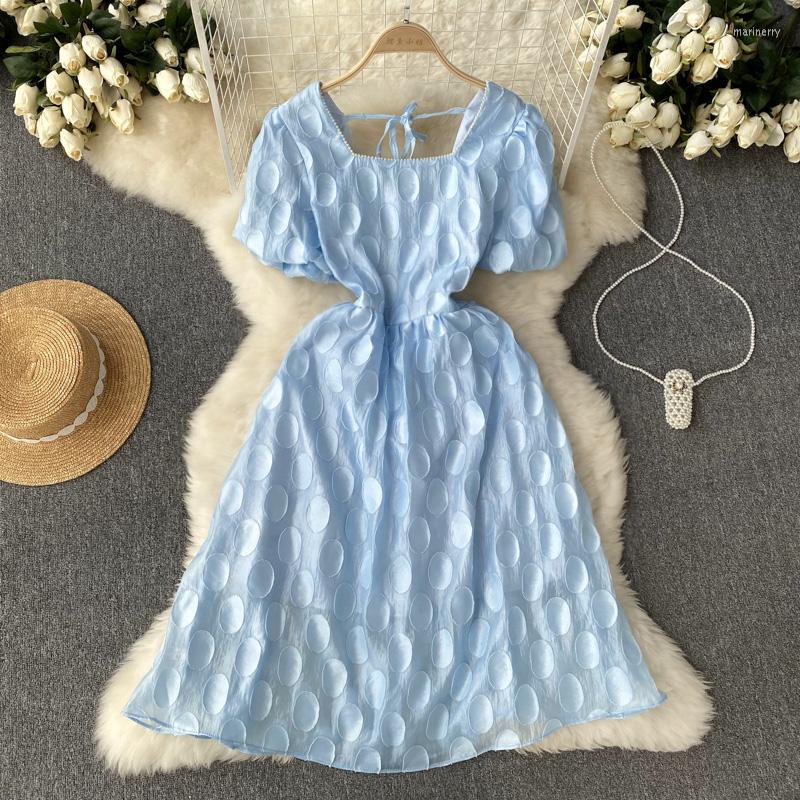 

Party Dresses Summer French Love Jacquard Mesh Bubble Sleeve First High Waist Thin Lacing A Word Fairy Dress, Sky blue