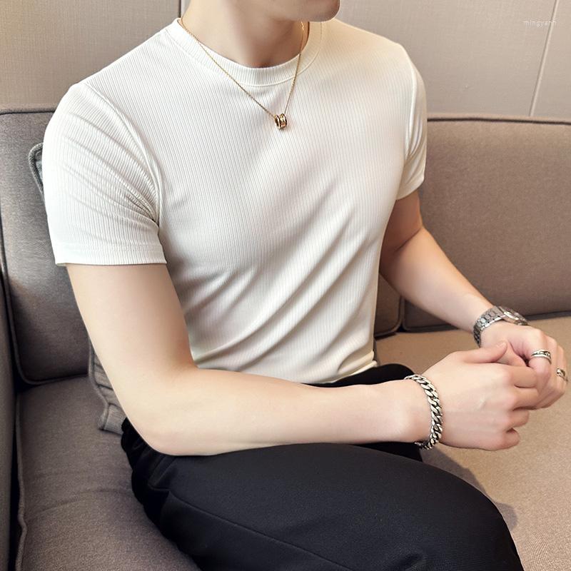 

Men's T Shirts Thin Ice Silk Elastic Stripe Slim Fit Short Sleeve T-shirt Men's Round Neck Casual Tshirts Solid Color Bottoming Tee Tops, Black