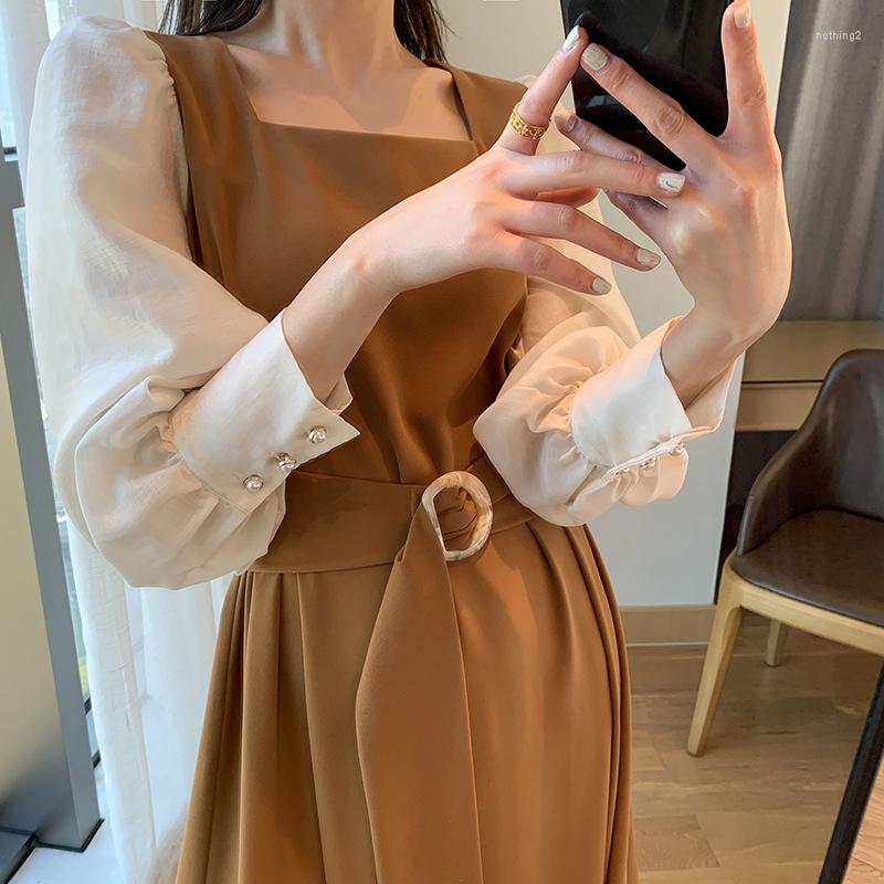 

Casual Dresses Spring Midi Dress Women Square Collar French Vintage Belt Long Sleeve Elegant Slim Party Female Clothes 2023